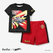 2pcs Kid Boys Racecar Color Block Print T-shirt with Knit Shorts Sporty Set Sizes 2-6